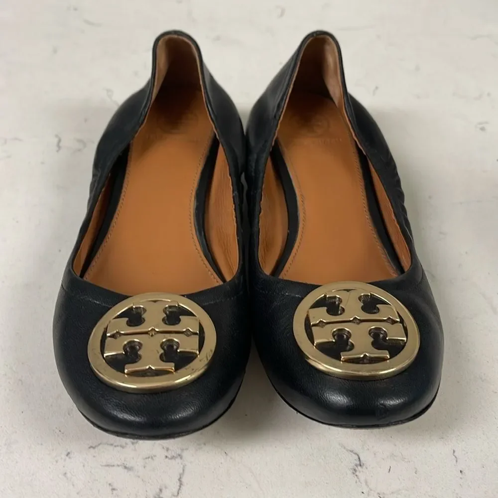 Tory Burch Benton 2 Nappa Leather Shoes Size 6.5 Black Leather Ballet Style